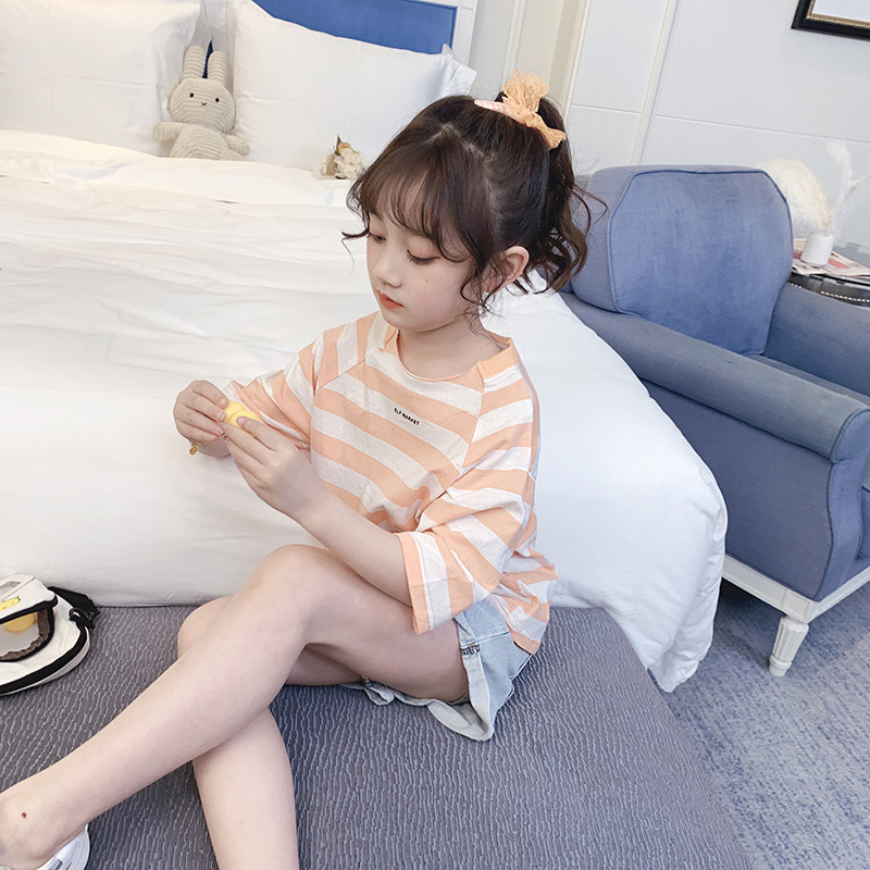 Girls short sleeve foreign style fashion 2021 new summer children's clothing Korean version of tide clothes girls striped top children's T-shirt