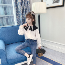 Girls shirt college style 2021 new fashion wild girl top white lapel collar childrens autumn coat