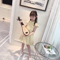 Girls Cheongsam Republic of China Wind Flower Summer 2021 New Fashion Improved Chinese Style Dress Yellow Childrens Summer Dress