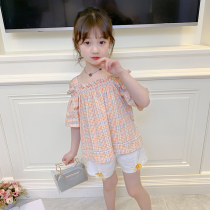 Girls net red suit Western style summer dress 2021 Korean version of the little girl plaid suspender top shorts Childrens two-piece set