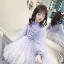 Girl purple dress 2021 new autumn little girl skirt Korean long sleeve princess style childrens gauze dress