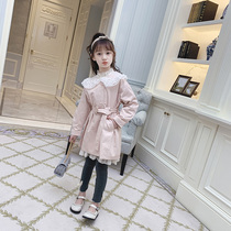 The girls windbreaker in the long 2021 new foreign style corset waist lace edge childrens autumn coat Academy style