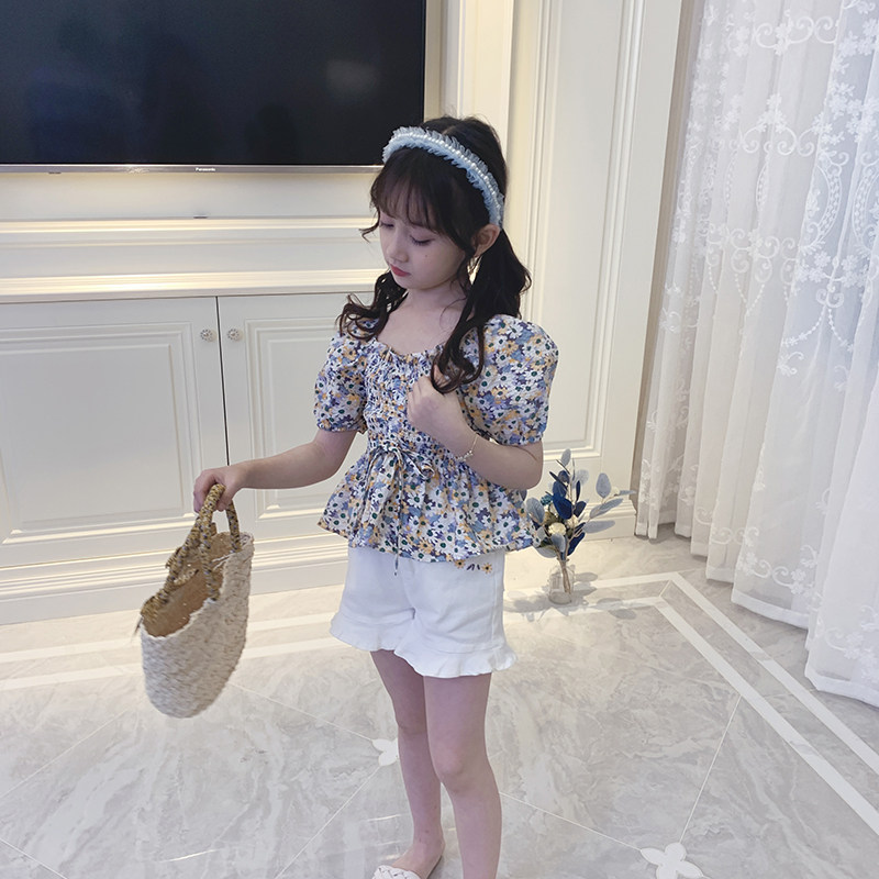 Girls summer set Girl short sleeve floral top 2021 New Fashion vintage children's shorts two-piece summer