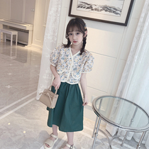 Girls cotton linen summer new 2021 Korean fashion floral short sleeve shirt childrens summer two-piece