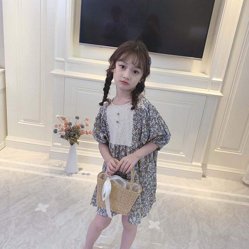 Girls Broken Flowers Foreign Dress Korean Version Fashion 2021 New Summer Dress Foreign Pie Girl Skirt Children Princess Skirt Retro