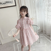 Girls Cheongsam Summer Chiffon 2021 New Floral Pink Ocean Bubble Sleeve Children Chinese Style Improved Skirt