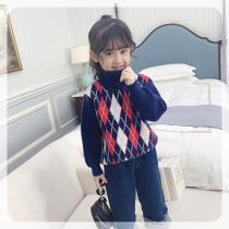 The girl sweater winter 2021 autumn and winter new childrens clothing retro diamond pullover knitwear childrens coat