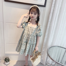 Girls Green Dress Summer 2021 New Korean Fashion Little Girl Floral Skirt Childrens Summer Dress