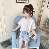 Girls Net red suit 2021 New Fashion cartoon bear short sleeve T-shirt personality childrens summer two-piece set