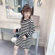 Girls autumn dress 2021 new fashion Korean casual striped skirt long childrens sweater skirt