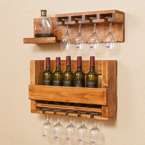  Wall-mounted solid wood wine rack shelf Modern simple restaurant upside-down high-legged European cup glass rack log decoration
