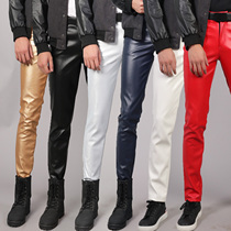 Young and middle-aged mens leather pants elastic slim solid color fashion waterproof white performance bar locomotive Net red hair salon