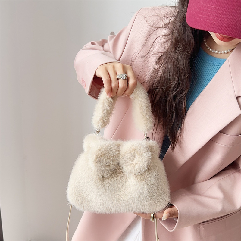 Sweet Style Plush Bag with Bow, Faux Mink Fur Bag, Niche Design Women's Bag, Shoulder Crossbody Bag