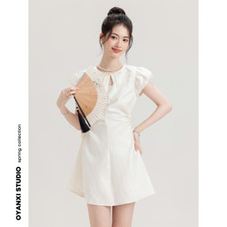 Ouyang Xi <Moonlight Handwriting> Spring new style Chinese color solid skirt short A-line for women, versatile high-wasming slimming dress