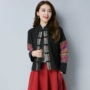 Mùa xuân áo cardigan phong cách quốc gia dày vải lanh tinh khiết thêu ruy băng hoa vải khâu khóa cổ áo cổ áo ngắn xu hướng áo khoác nữ 2021