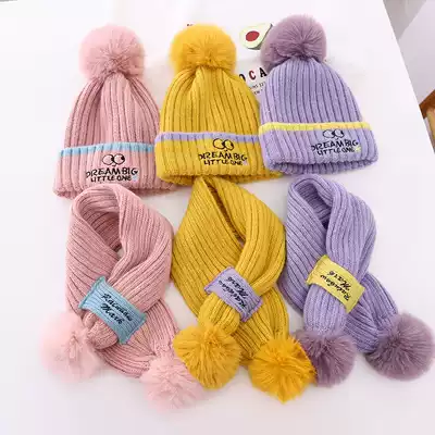 1-5 years old children's suit knitted hat scarf two-piece autumn and winter English embroidery baby wool hat to keep warm