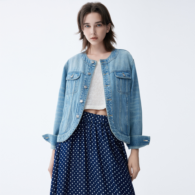 Soyezi Ss24 Collarless Versatile Arc Hem Design Long-Staple Cotton Denim Jacket for Women