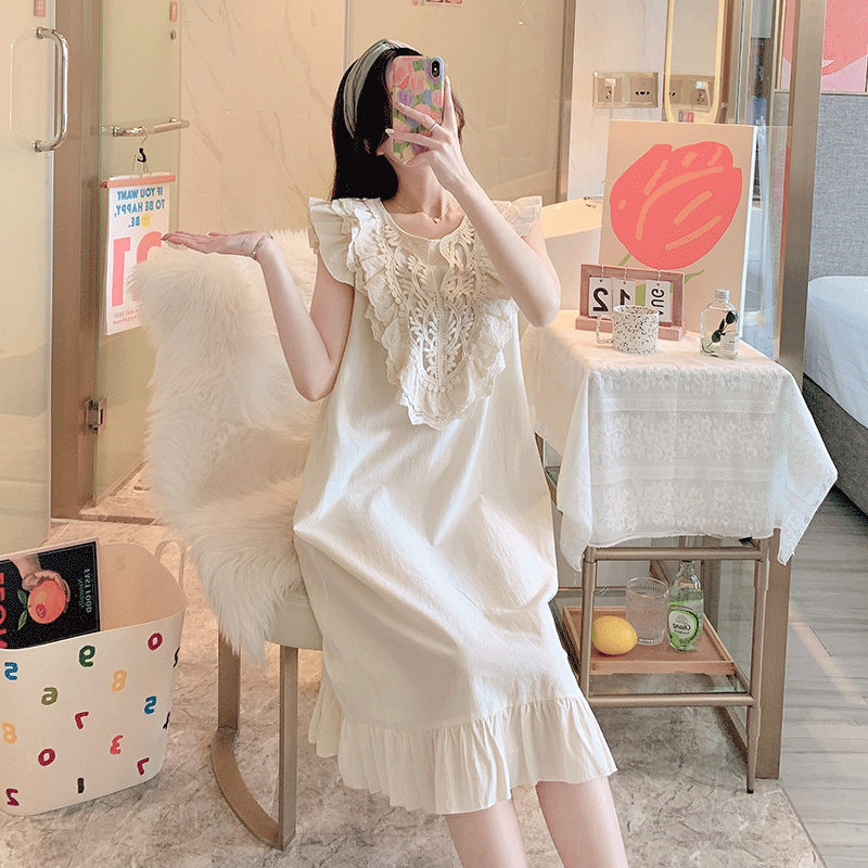 Sleeveless lace lace Lace Sleeping Dress Woman Summer Thin pure cotton All cotton 2022 New home Palace Princess Pyjamas Pyjamas Pyjamas