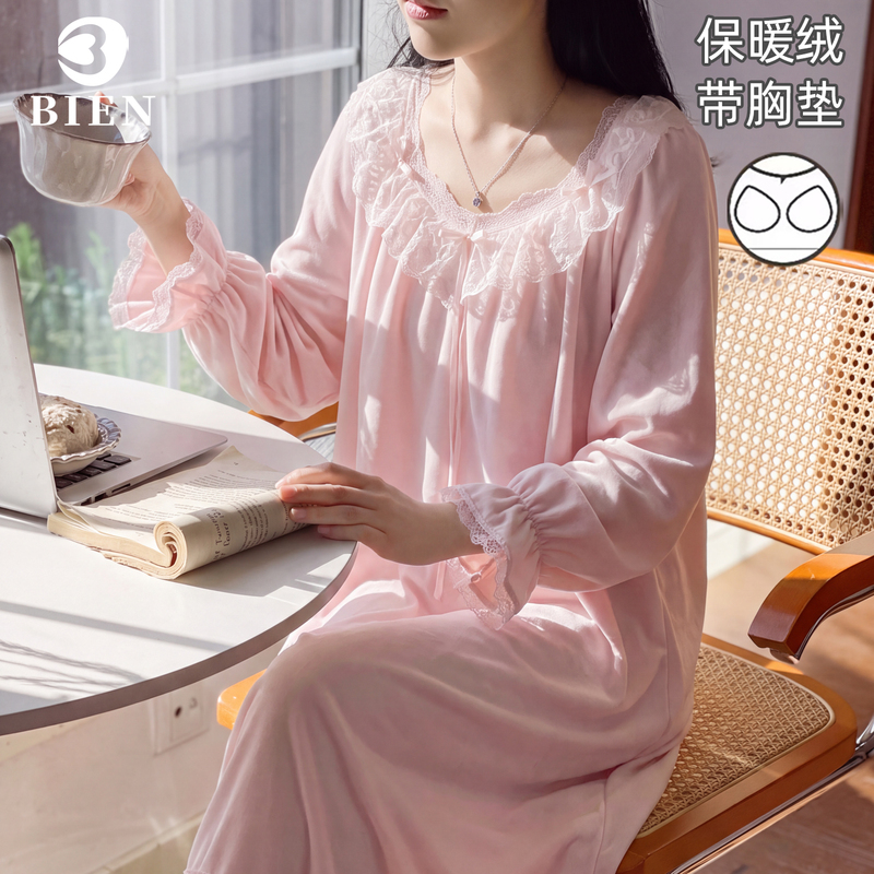 Bien French-Style Island Velvet Nightgown for Women with Chest Pads, Autumn and Winter Thin Velvet, High-End Feel, Warm Pajamas, Comfortable Loungewear Bien French-Style Island Velvet Nightgown for Women with Chest Pads, Autumn and Winter Thin Velvet, High-End Feel, Warm Pajamas, Comfortable Loungewear
