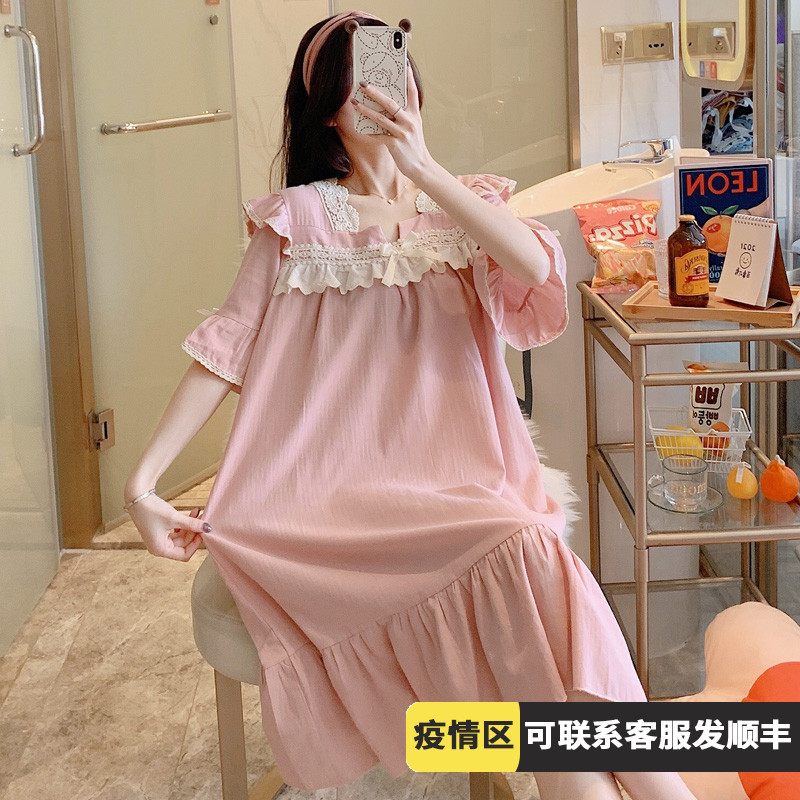 2021 Summer new pure cotton fresh and cute princess Wind sweet and beautiful lace short sleeve sleeping pyjamas for women's home clothes