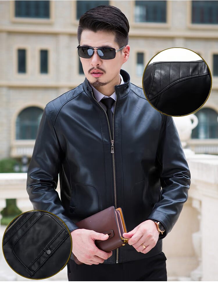 Áo khoác da cừu nam da đứng cổ áo mỏng ngắn cộng với áo khoác da nhung trung niên áo khoác mỏng áo bomber