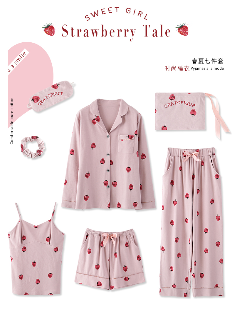 Bộ đồ ngủ dâu tây bảy mảnh cotton mùa hè dài tay mùa xuân và mùa thu đông Sinh viên Hàn Quốc tươi có thể mặc một bộ đồ phục vụ tại nhà những kiểu đồ bộ thun may