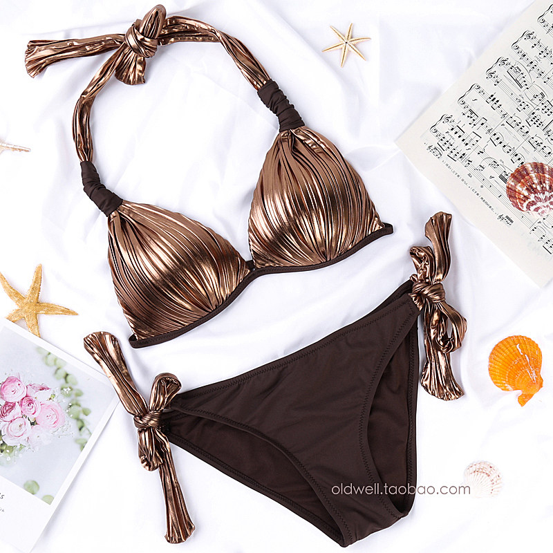 Gather hanging neck large breasted beach Sexy swimsuit curry woman spa two style swimsuit three-point style European and American bikini