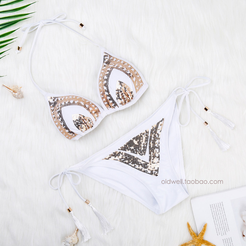 Gather small breasted black and white three-point style beach bikini triangular cup Sexy large chest flutter Swimsuit Spa Woman Swimsuit