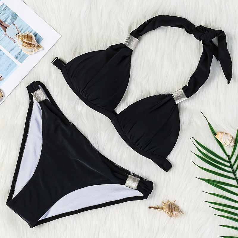 Gather small breasted three-point style beach black bikini triangular cup Sexy large breasted swimsuit big cups European and American swimsuit