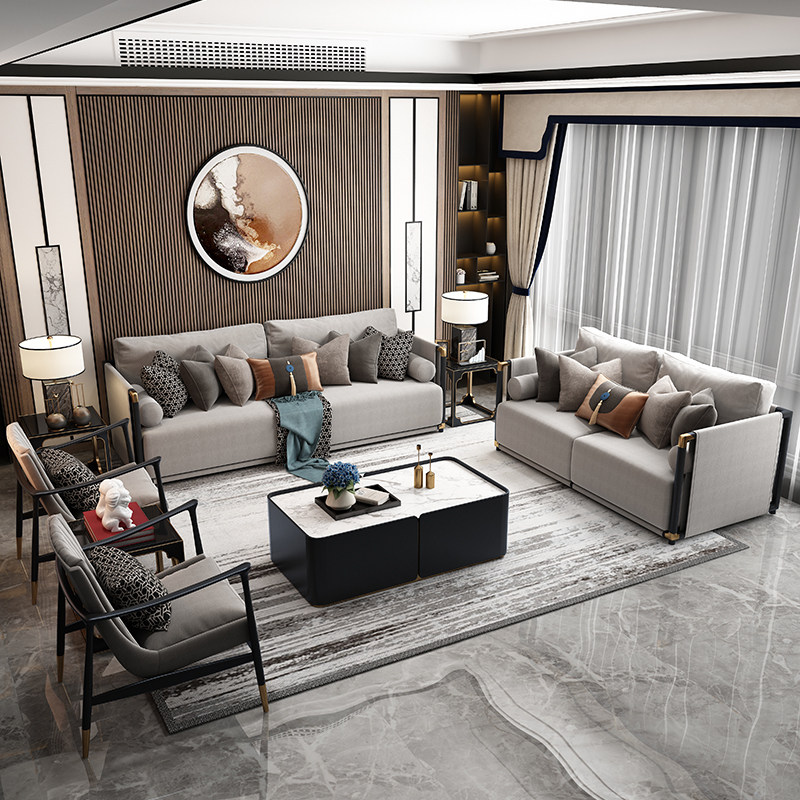 Designer Prototype Room Modern New Chinese Solid Wood Sofa Cloth Art Composition Villa Living Room Zen furniture custom-made-Taobao