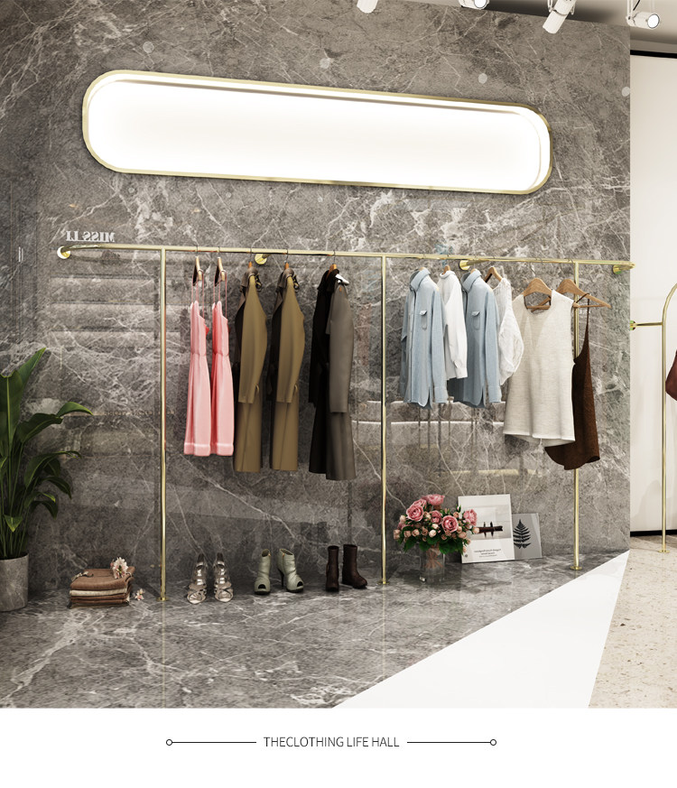 Clothing store hanger display rack floor-to-ceiling gold minimalist men's and women's clothing store combination shelf display clothes rail