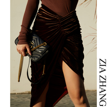 Z boss stunning gorgeous asymmetrical wrinkled velvet velvet skirt slant hem long parcel dress dress