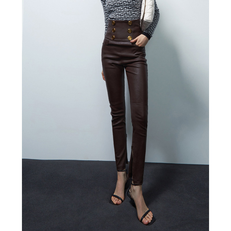 Z boss Bowman classic double-breasted stretch pencil sheepskin pants women slim slim high waist version sheepskin pants women