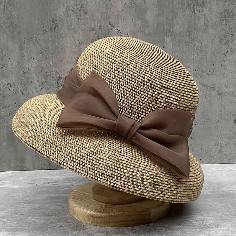 French Retro Organza Bow Lampshade Straw Hat for Women, Large Brim, Foldable, Fine Straw Woven Beach Sunshade Fisherman Hat