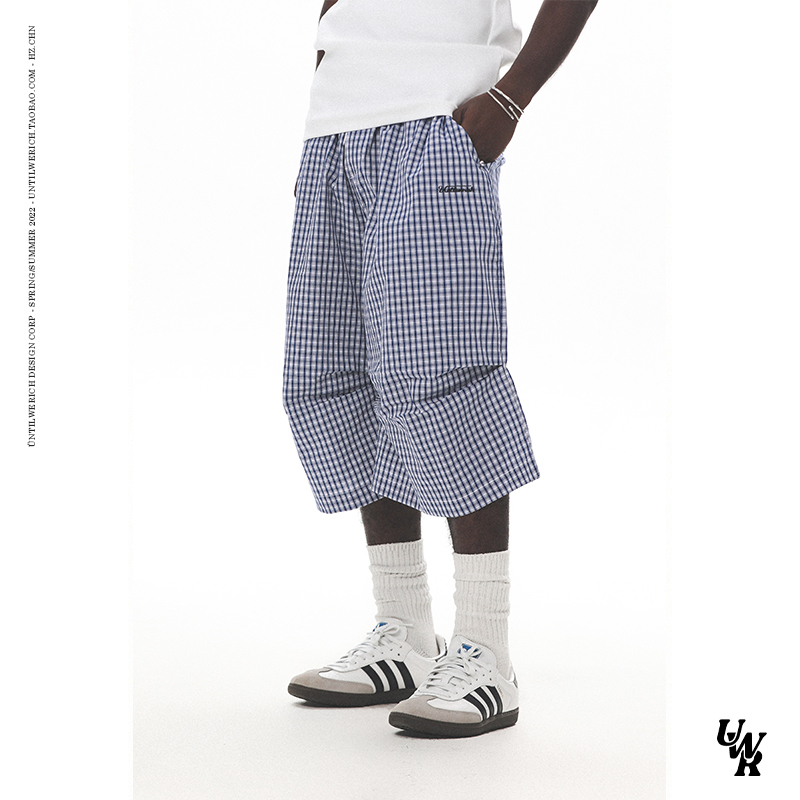 Untilwerich Summer Street Style Small Checkered Loose Casual Cropped Pants Men's Miu Style Silhouette Lazy Shorts Trendy