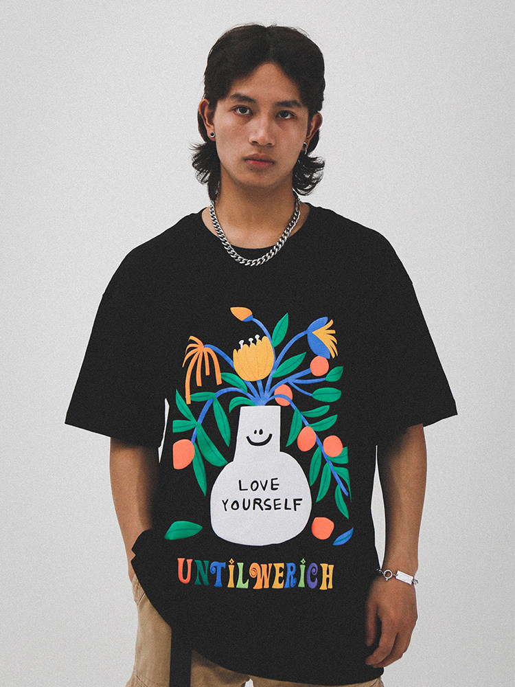 UNTILWERICH ORIGINAL cotton FOAM PRINTING SHORT-SLEEVED MEN's STREET NATIONAL tide CARTOON VASE T-shirt LOOSE tide