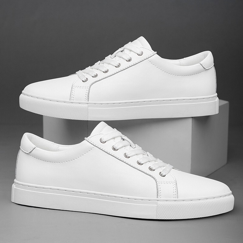 First-Layer Cowhide White Sneakers for Men, Genuine Leather White Casual Shoes, Size 46, Suit Sneakers, Summer Breathable, Size 47, Large Size Shoes, Cross-Border