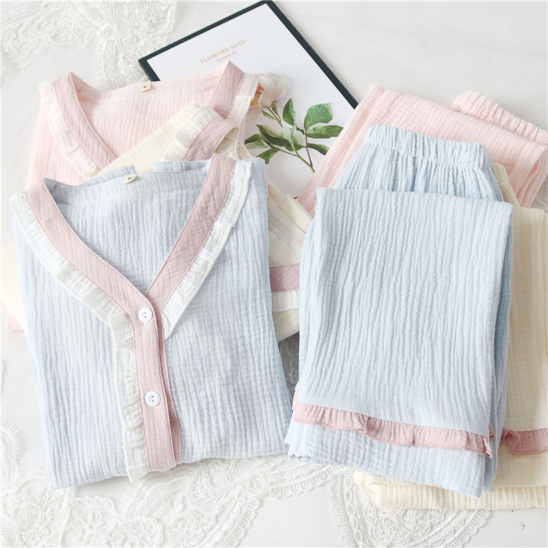 v collar pure cotton cotton cloth pajamas woman 2022 new internet red spring autumn summer full gauze thin family clothes suit-Taobao