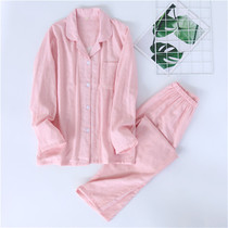 Japanese couple cotton yarn pajamas womens long sleeves summer yarn-dyed double gauze thin solid color mens home clothing set