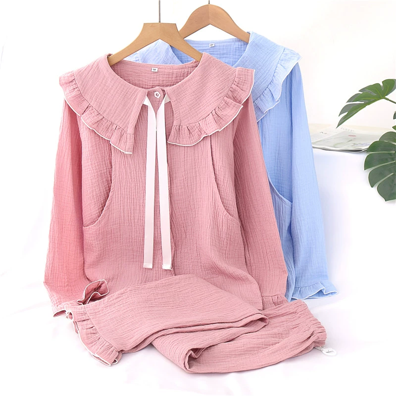 Bộ đồ ngủ bằng vải cotton gạc tinh khiết mùa xuân và mùa hè, mùa hè tại nhà bà mẹ sau sinh cho con bú và bộ đồ phục vụ tại nhà cho con bú mỏng - Giải trí mặc / Mum mặc