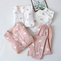 Spring pure cotton gauze pajamas womens v-tie chest pad double-layer gauze long-sleeved cardigan summer thin home wear set