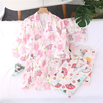 Japanese cotton gauze kimono pajamas ladies spring and autumn cotton yarn tether sweat steam suit summer home clothing set thin