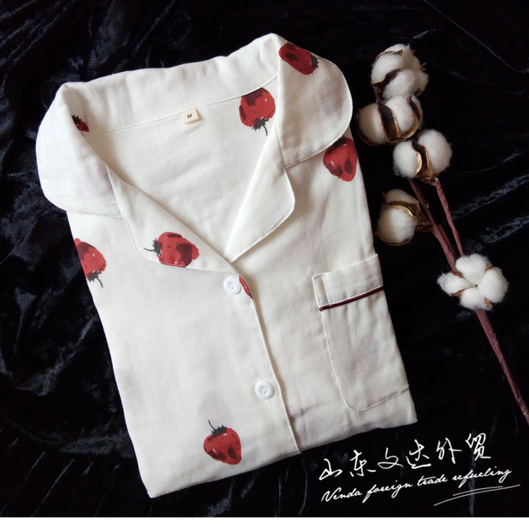 Bộ đồ ngủ gạc cotton Nhật Bản dành cho nữ tay dài hai lớp sợi cotton dễ thương mùa xuân và mùa thu dâu tây phục vụ nhà phù hợp với kích thước lớn mùa hè đồ mặc nhà