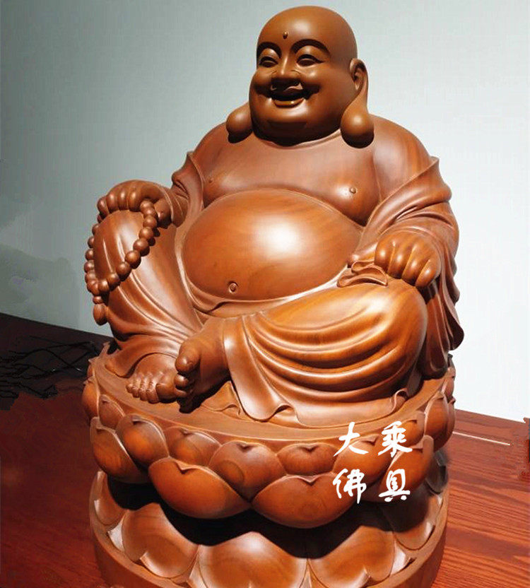 Taiwanese woodcarved Buddha statue 16 inches 19 inches future laughing Buddha green sandalwood Maitreya Buddha sitting on a lotus platform to enshrine safety