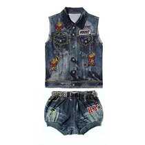 High-end custom black super pacifier band imitation denim tank top pumpkin pants Day edition fashion set for boys and girls