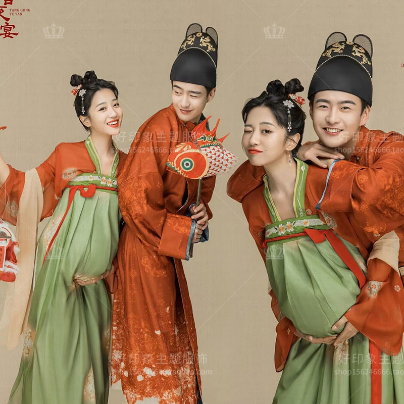 Photo Studio Maternity Couple Photoshoot Themed Photography Tang Suit Hanfu Tang Palace Night Banquet Wedding Dress Retro Chinese Performance Gown