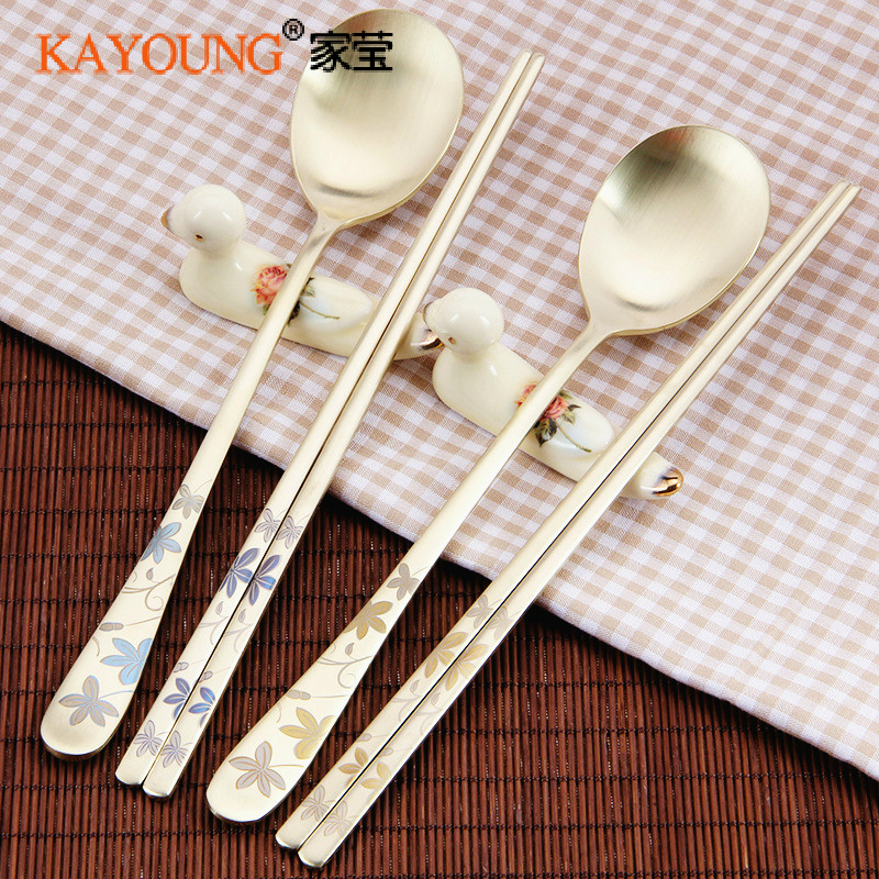 Korea Import Plated Titanium gold spoon chopstick stainless steel cutlery 18-10 spoon chopstick suit adult golden spoon chopstick cutlery-Taobao