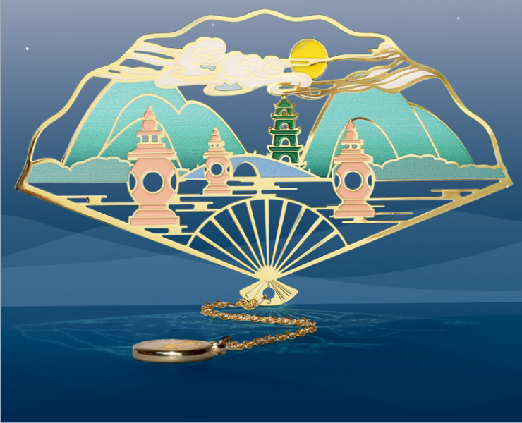 Hollow Metal Brass Three Pools Reflecting the Moon Folding Fan Bookmark Classical Chinese Landscape Landscape Creative Souvenir Gifts