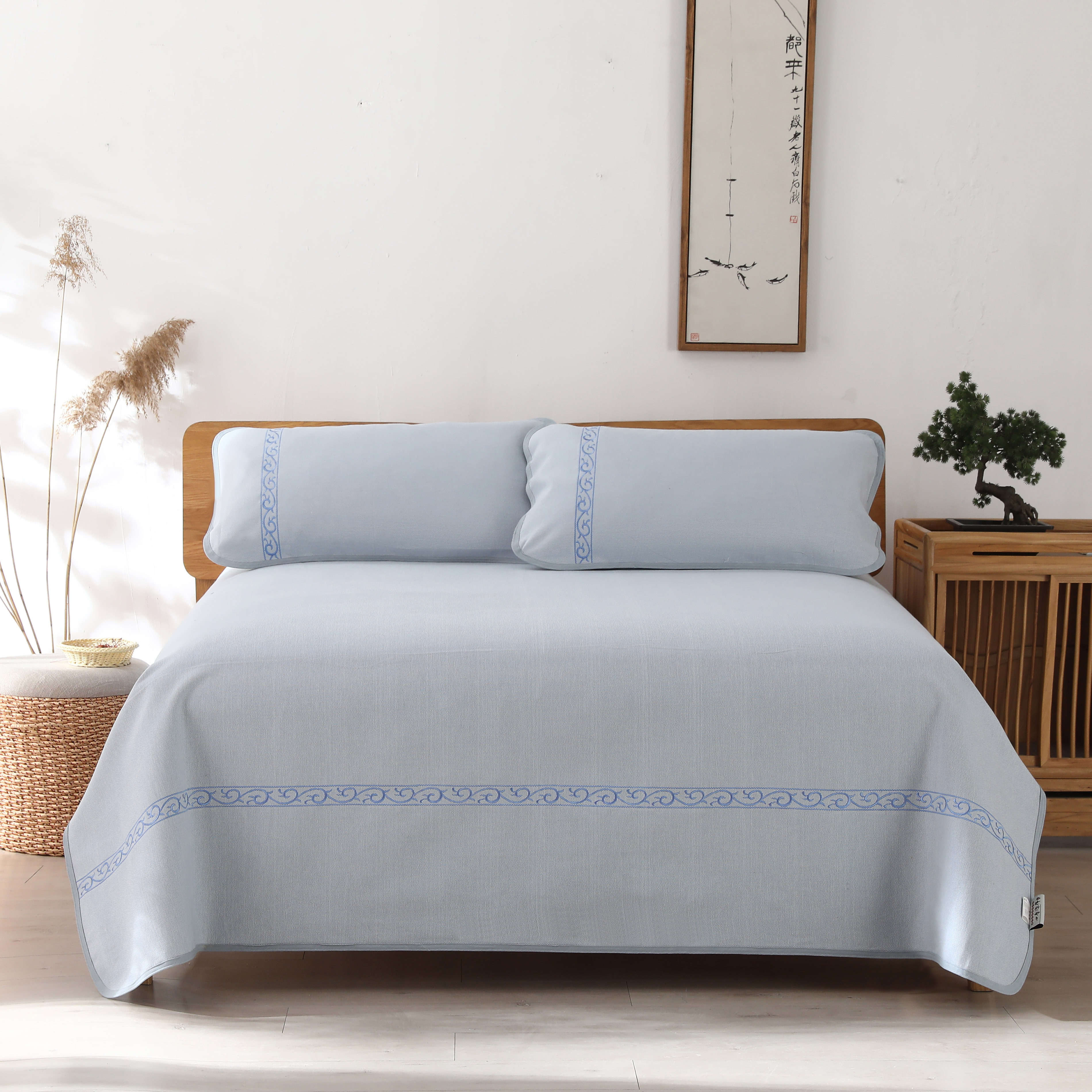 Sister Liu Jia Thickened Pure Cotton Old Coarse Cloth Cold Mat Three Sets High-end Embroidery Encrypted Four Seasons Carpet Air Conditioning Cool Mat