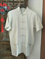 Original stand collar pure linen Chinese cotton old coarse cloth Tang suit short sleeve men casual fashion